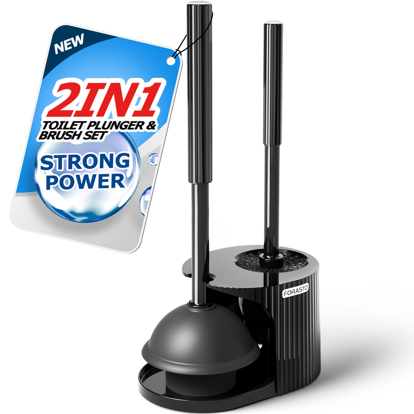 FORASTO 2 in 1 Toilet Brush and Plunger Set, Extended Handle, Bathroom Cleaning Tools, Toilet Bowl Brush and Plungers Combo, Bathroom Cleaning Supplies, Charcoal