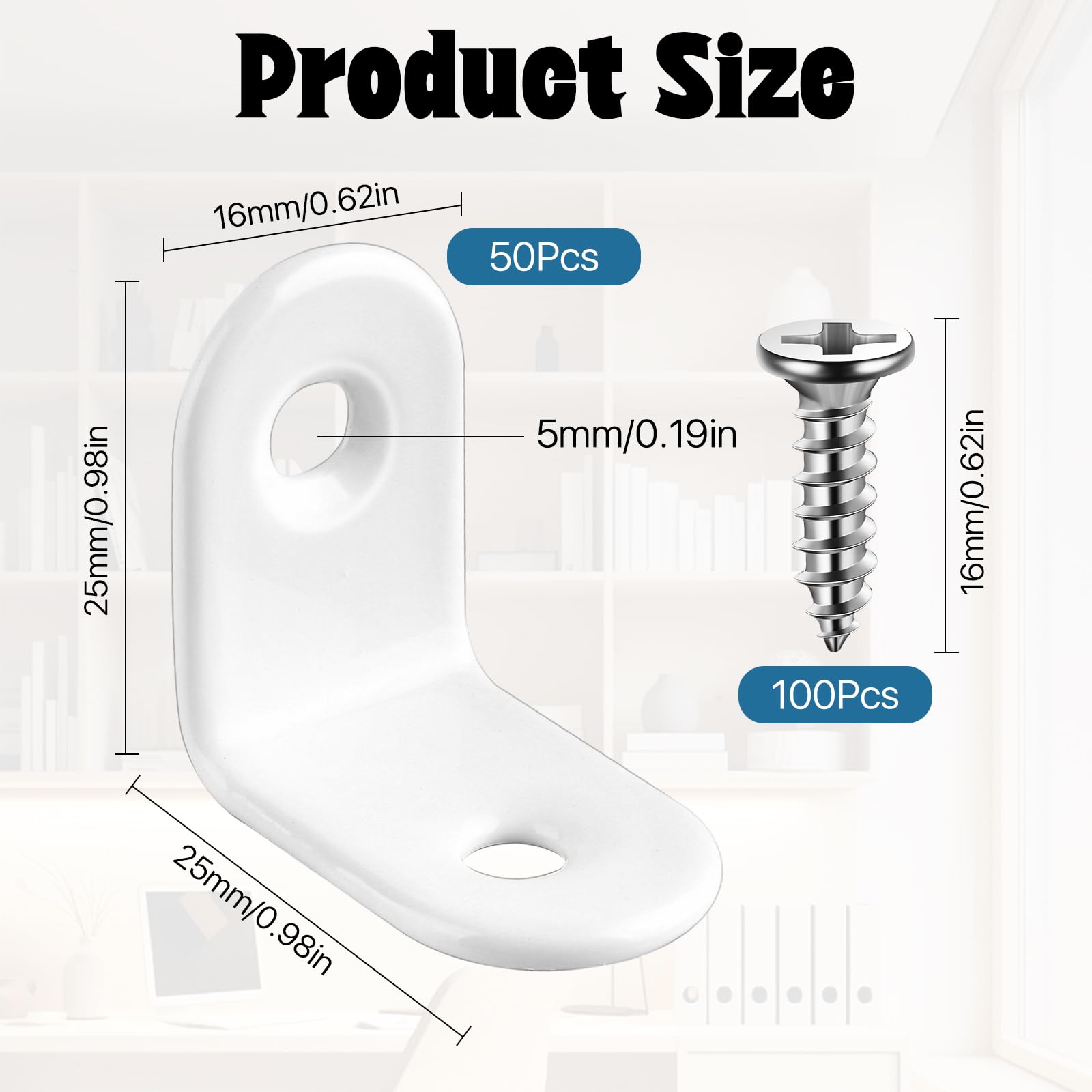 Worldity 50 Pcs L Bracket Corner Brace, 25 mm x 25 mm Stainless Steel L Brackets for Shelves, 90 Degree Right Angle L Brackets for Wood, White Corner Braces with Screws for Furniture Cabinet Shelves