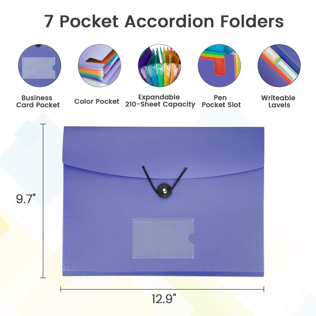 5 Pack 7-Pockets Expanding File Folder Accordion File Organizer, A4 Letter Size Paper Document Receipt Holder for School Office Supplies