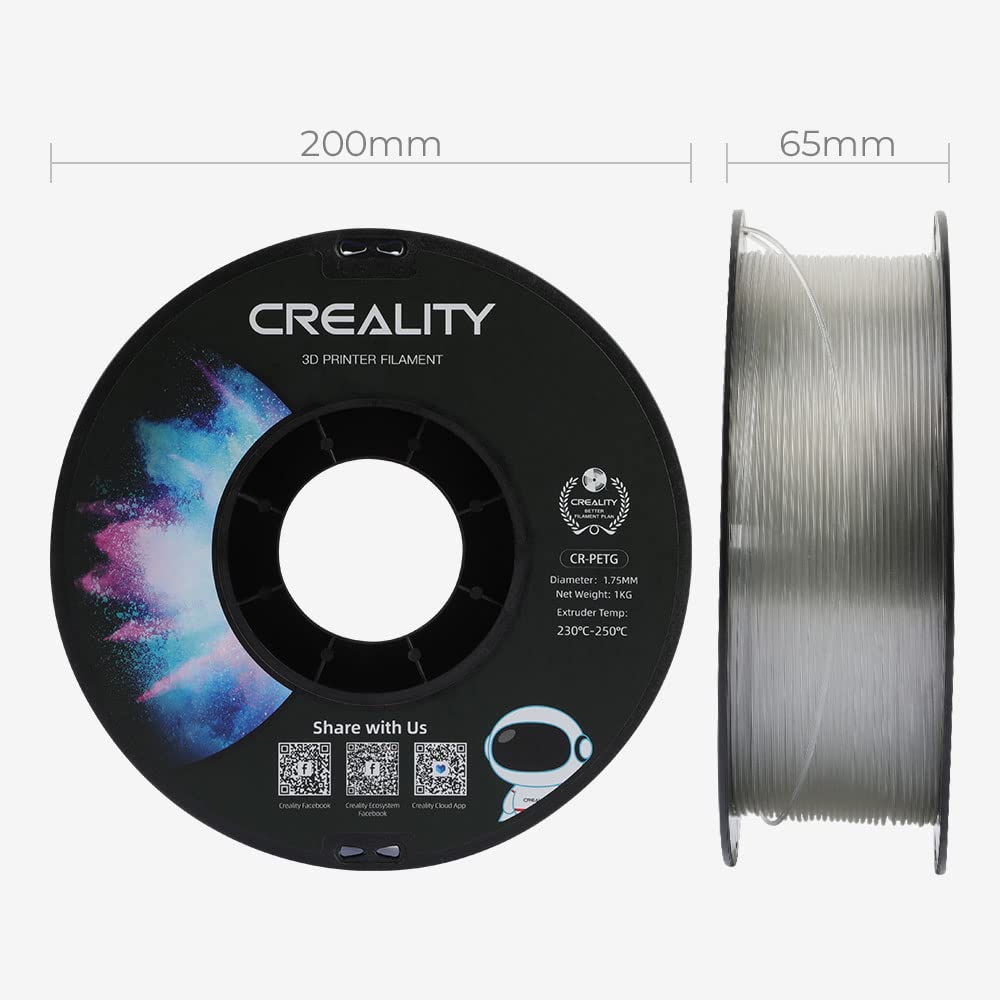 Creality PETG 3D Printing Filament 1.75mm, Excellent Toughness High Precision, Odorless Non-Toxic Moistureproof, 1kg(2.2lbs) Glossy PETG Filament for 3D Printer (Transparent)