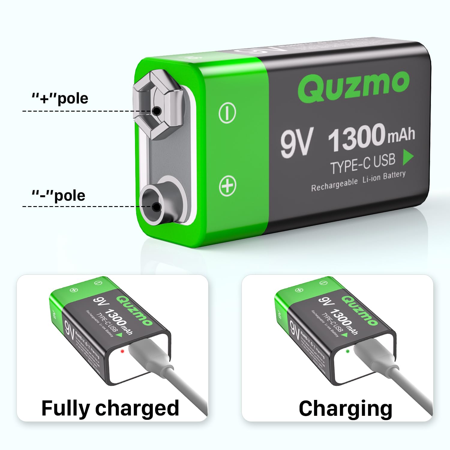 3-Pack Rechargeable 9 Volt Lithium-ion Batteries, 1300mAh Long Lasting Power, USB-C Recharge with 2 in 1 Charging Cable for Smoke Alarms,Multimeters,Microphones,Walkie-Talkie,Toys