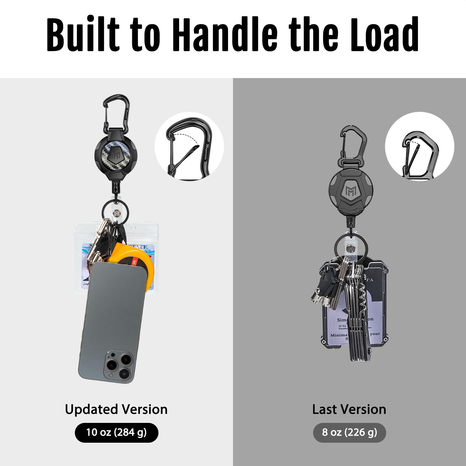 MNGARISTA 2-Pack Retractable Keychain, Heavy Duty 10 OZ Retraction 3K Carbon Fiber ID Badge Reel, Carabiner Badge Holder Hook Upgraded 31.5" Stainless Steel Cord Lanyard with Clip Strap and Key Ring