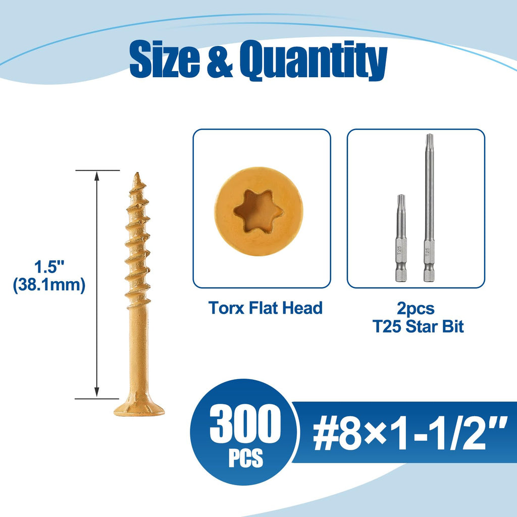 ANCHOREASE Wood Screws #8×1-1/2″, 300 Pcs, Deck Screws, Rust Resistant, Exterior Epoxy Coated, Outdoor Decking Screws, Torx/Star Drive Head Deck Screw, 2 Pcs T25 Star Bit Included, Tan