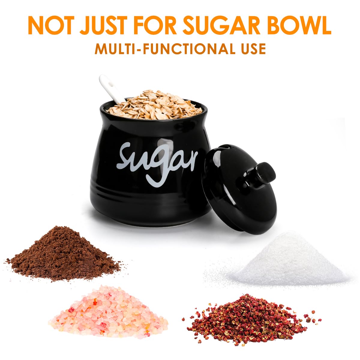 Ymyaye Ceramic Sugar Bowl with Lid and Spoon, 12oz Porcelain Sugar Jar for Home and Kitchen Decor (Black)