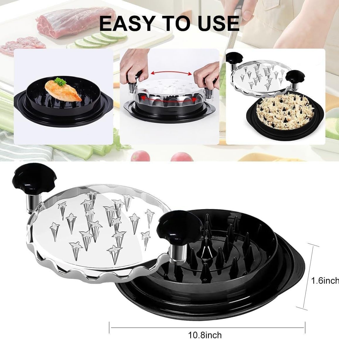 Chicken Shredder,Chicken Breast Shredder Tool Twist with Brush&Fork,Meat Grinder Anti-Slip Strip Ergonomic Handle, Dishwasher Washable,BPA Free(Black,10.8")