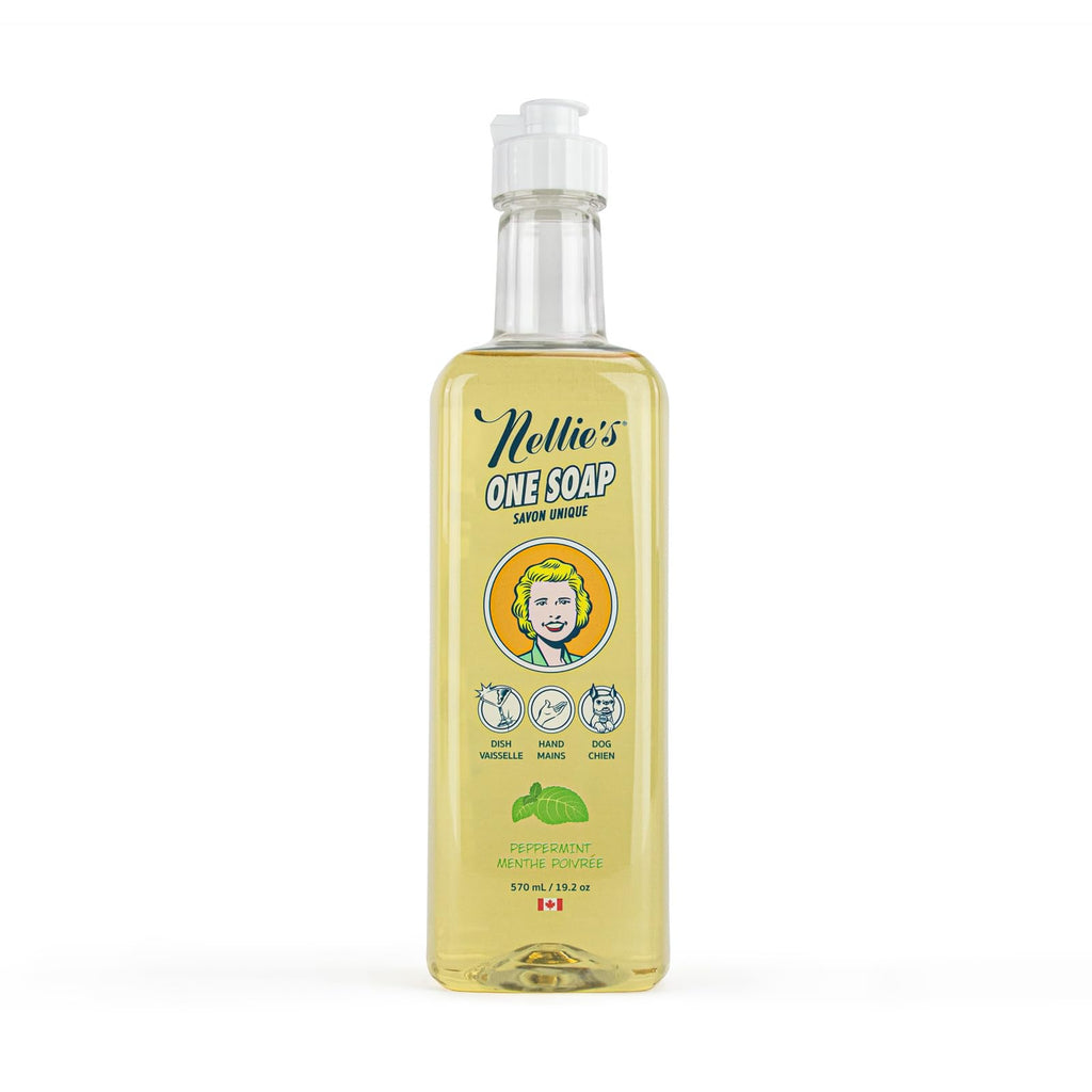 Nellie's One Soap - Peppermint Scented - Gentle Multi-Purpose Cleaner for Dishes, Surfaces, and Hands - Hypoallergenic, Plant-Based, Chemical-Free, and Soft on Skin - 19.2 oz - (Made in Canada)