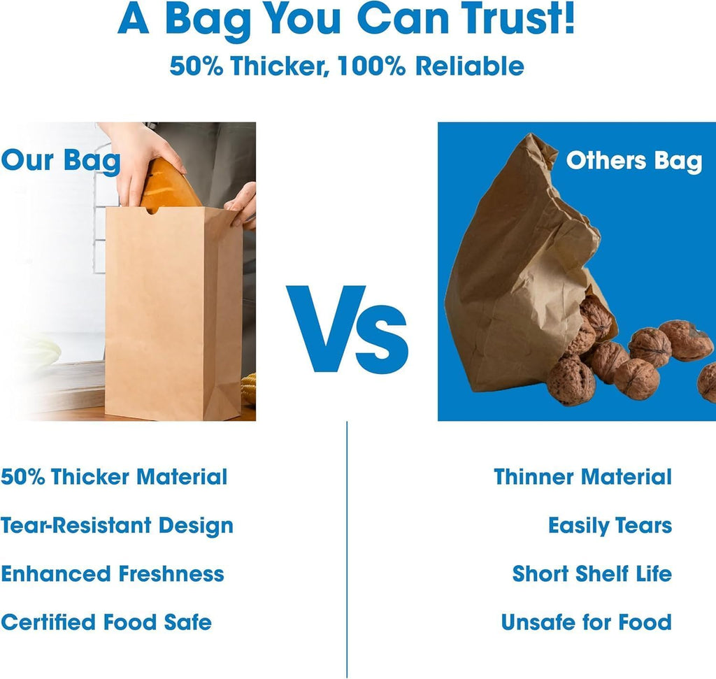 Excellent 100 Pack Brown Paper Bags for Food - 5.9 x 3.5 x 11 inches 8Lb Capacity Paper Grocery Bags for Breads, Snacks, Cookies - Kraft Paper Bags for Small Businesses