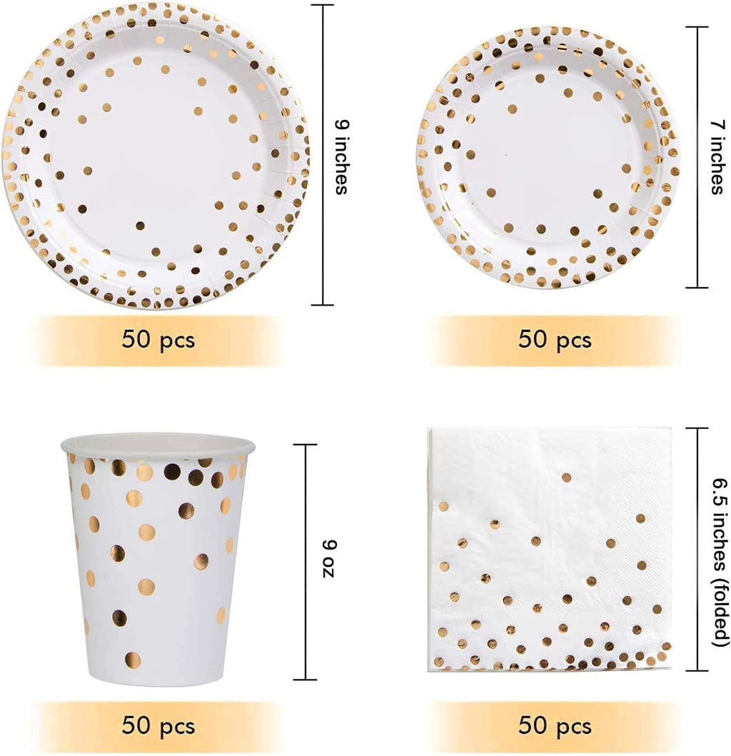 201 PCS Disposable Paper Plates Gold Party Supplies, Golden Polka Dots Birthday and Baptism Decorations, Include Plates and Cups, Napkins, Plastic Tablecloth, for Birthday Party, Engagement, Wedding