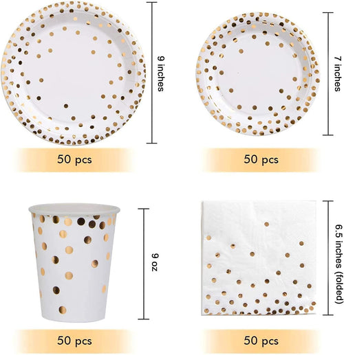 201 PCS Disposable Paper Plates Gold Party Supplies, Golden Polka Dots Birthday and Baptism Decorations, Include Plates and Cups, Napkins, Plastic Tablecloth, for Birthday Party, Engagement, Wedding