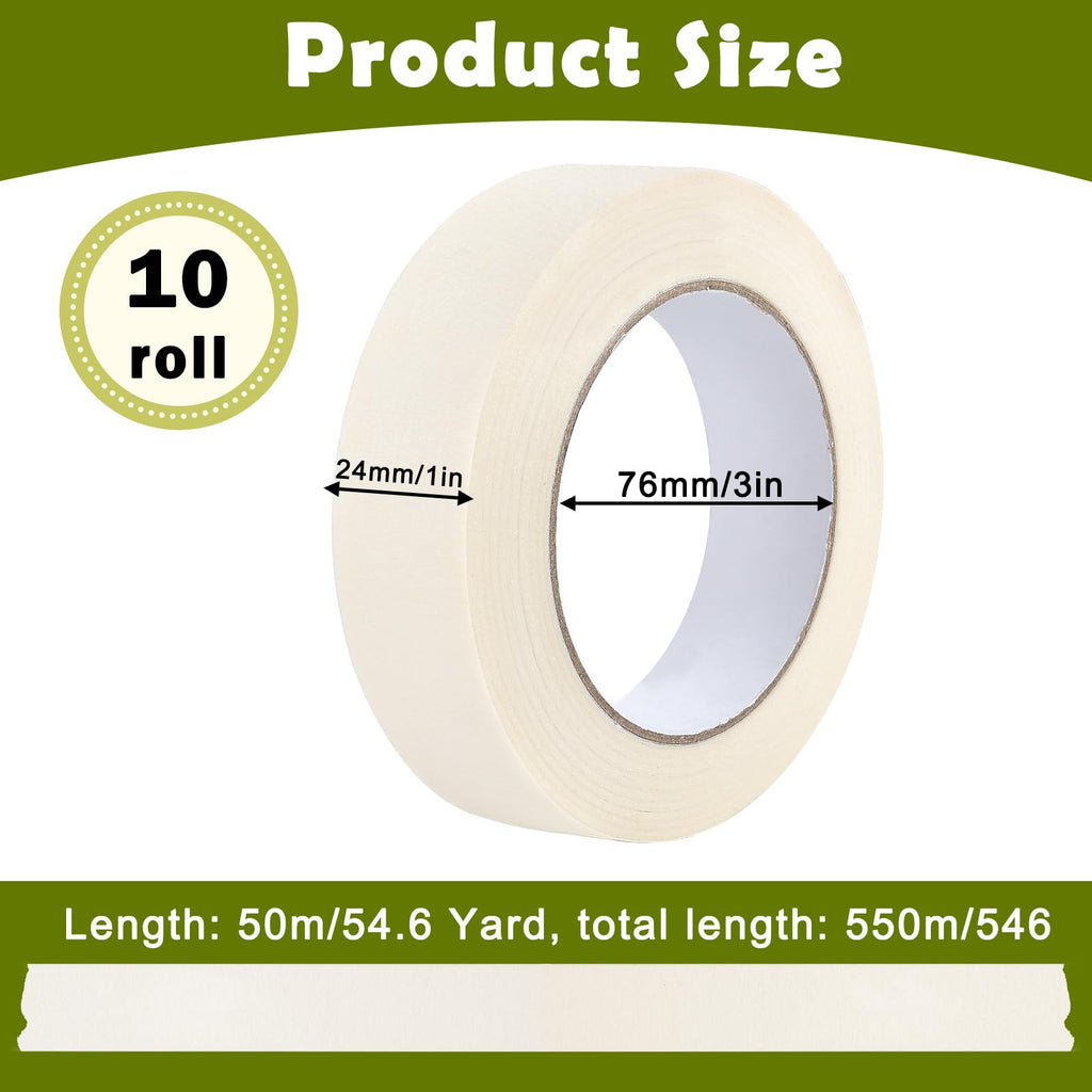 Worldity 10 Roll Masking Tape 1 Inch x 55 Yards(2mm x 50m), No Residue Painters Tape with Strong Adhesive, General Purpose Beige Tape, Multi-Surface Art, DIY Craft, Labeling & Painting Supplies