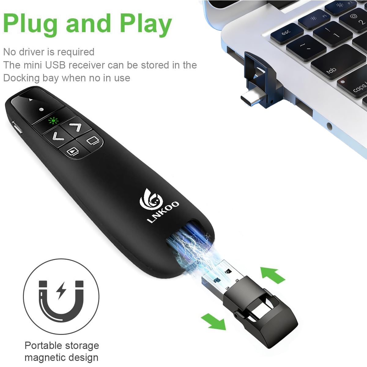 LNKOO Presentation Remote, RF 2.4GHz Wireless Presenter Green Light PowerPoint PPT Presentation clicker 2 in 1 USB and Type C Remote Control Slideshow Advancer Clicker