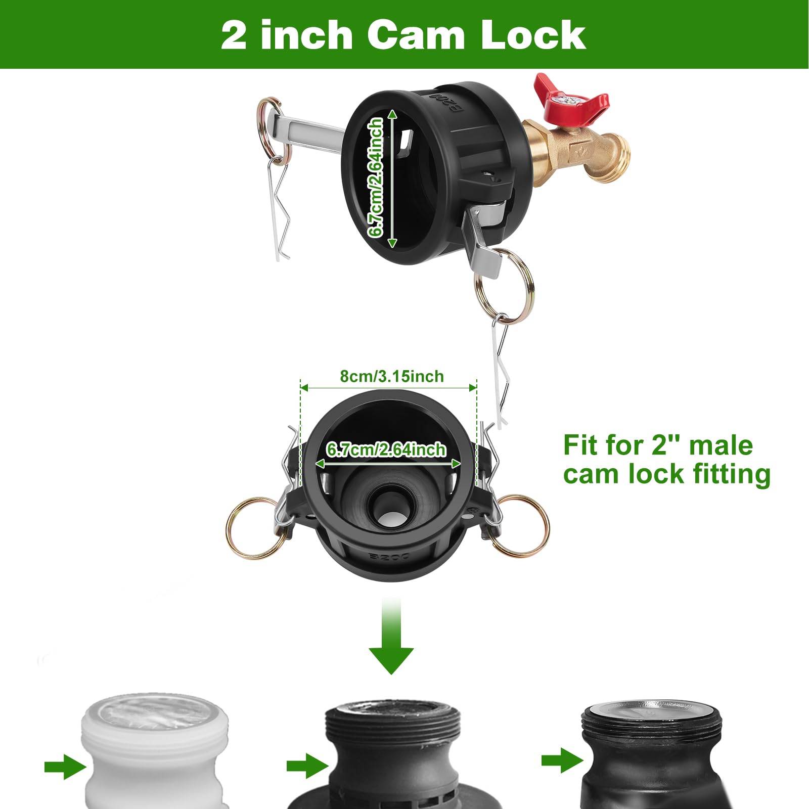 WADEO 330 275 Gallon IBC Tote Fittings, IBC Tote Adapter 2 inch Cam Lock for Garden Hose 3/4 inch Outlet, with Valve Control 2 Hose Adapters and Seal