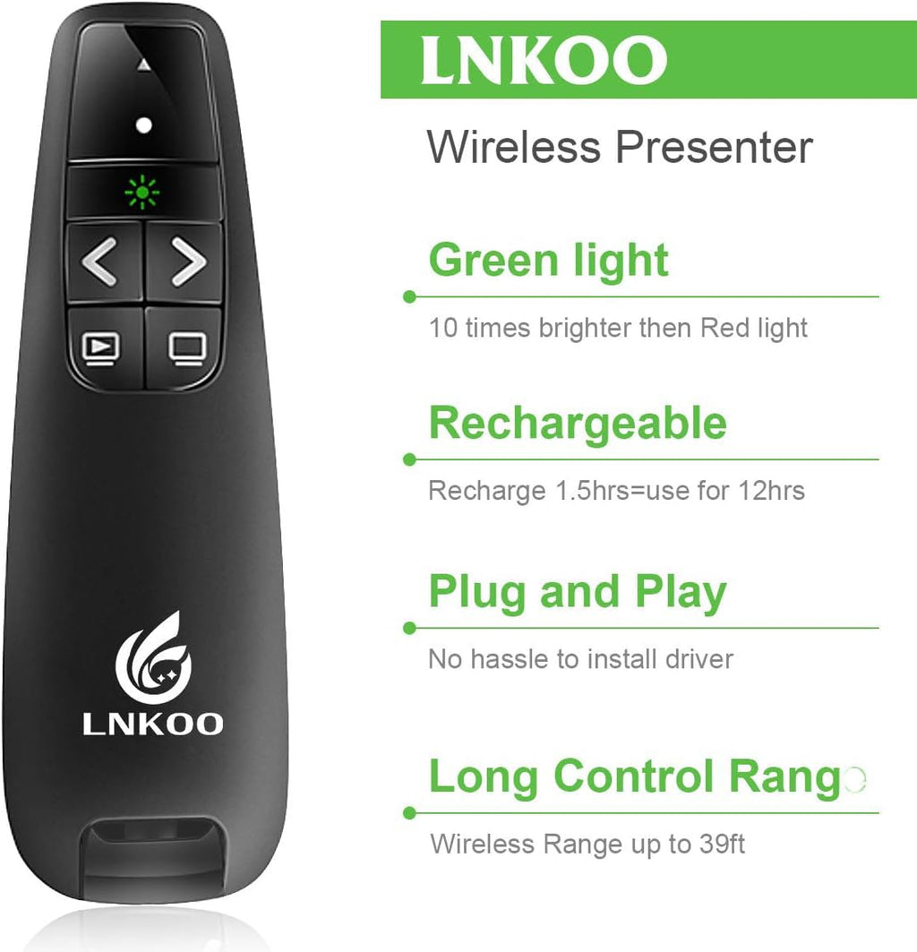 LNKOO Presentation Remote, RF 2.4GHz Wireless Presenter Green Light PowerPoint PPT Presentation clicker 2 in 1 USB and Type C Remote Control Slideshow Advancer Clicker