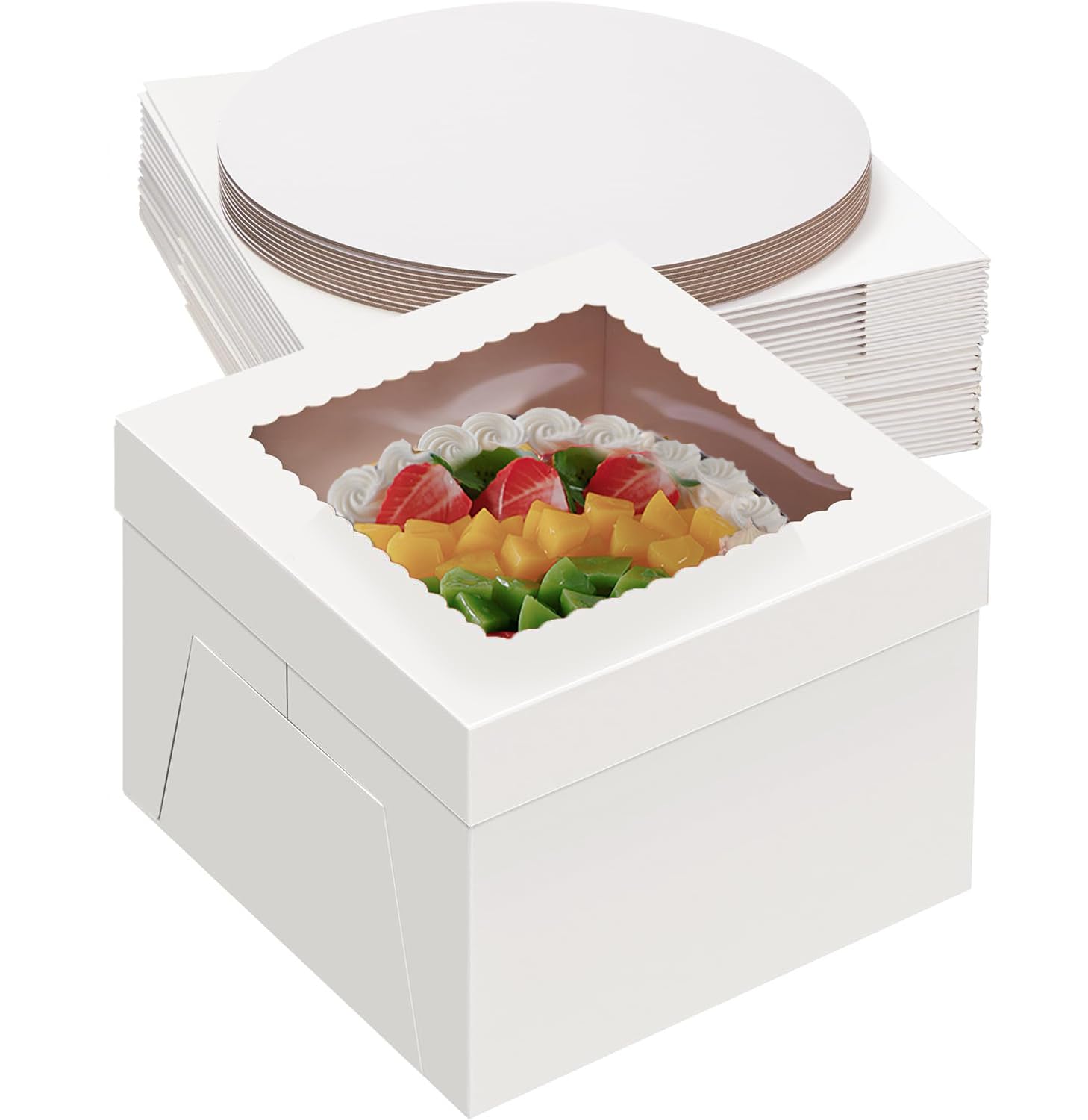 Packpal 20Pack 12x12x6 Cake Boxes with Boards, 10Pcs Cake Boxes & 10Pcs Cake Boards, Sturdy White Packaging for Transporting & Displaying Cakes, Desserts, and Mothers day