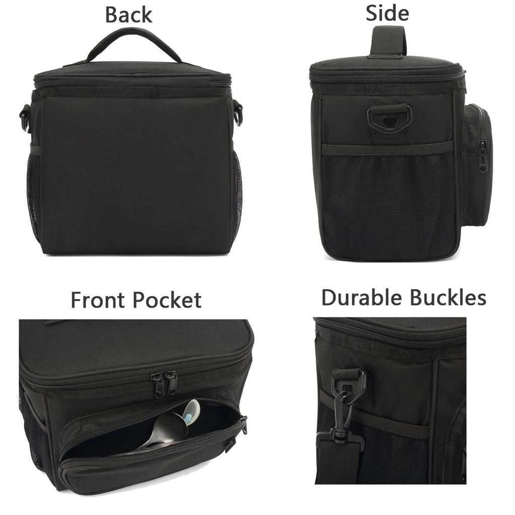 FlowFly Insulated Lunch Bag Adult Lunch Box Large Cooler Tote Bag for Men, Women, with Adjustable Strap,Front Pocket and Dual Large Mesh Side Pockets Black