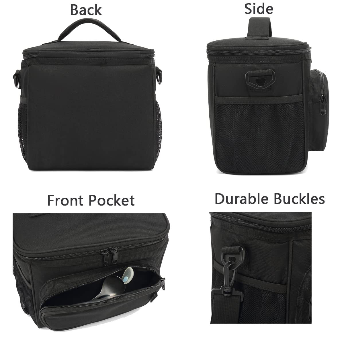 FlowFly Insulated Lunch Bag Adult Lunch Box Large Cooler Tote Bag for Men, Women, with Adjustable Strap,Front Pocket and Dual Large Mesh Side Pockets Black