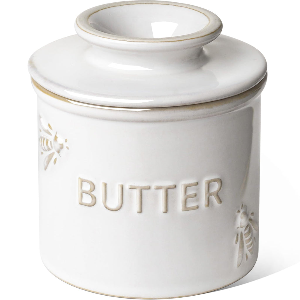 LE TAUCI Butter Crock, Butter Dish with Lid, Butter Container for Counter with Water Line, Embossed French Butter Keeper for Spreadable Butter, Suit for Housewarming - Set of 1, Arctic White, Bee