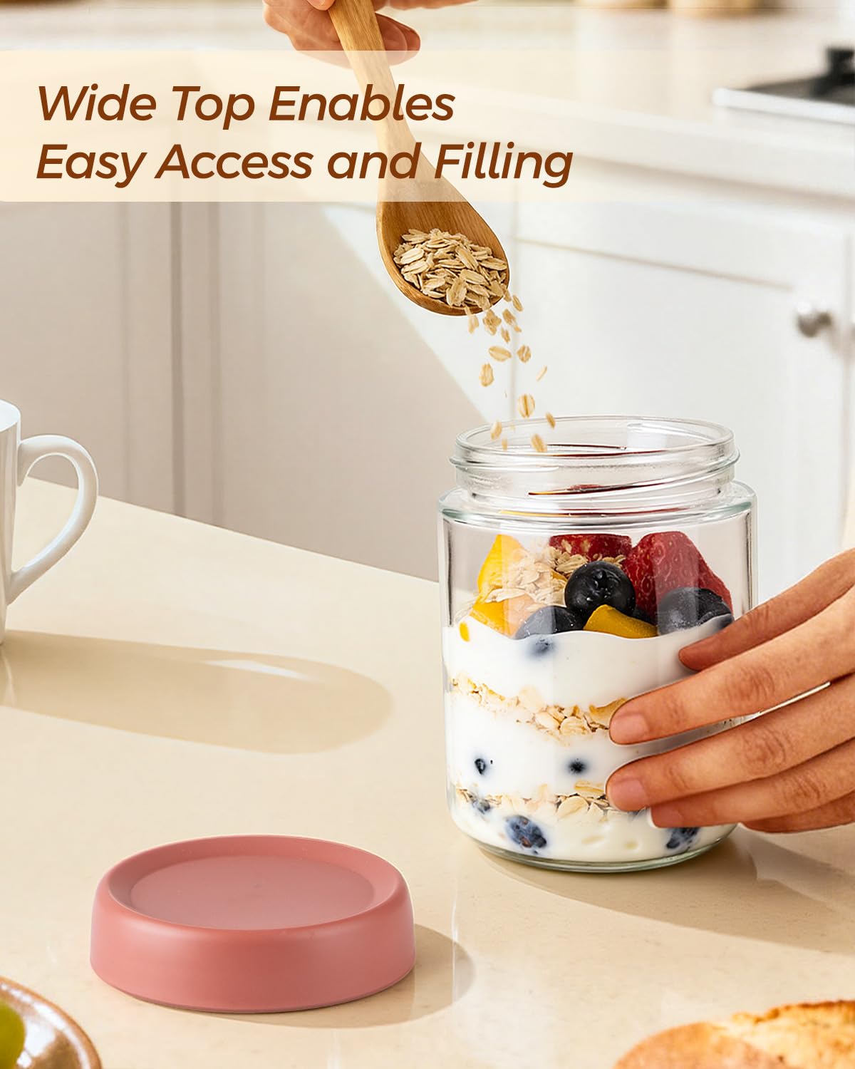 Overnight Oats Jars, Thyme Space 4 pack 500ml/16 oz Overnight Oatmeal Container with Lid for Homemade Yogurt Oatmeal Salad Jam Pudding
