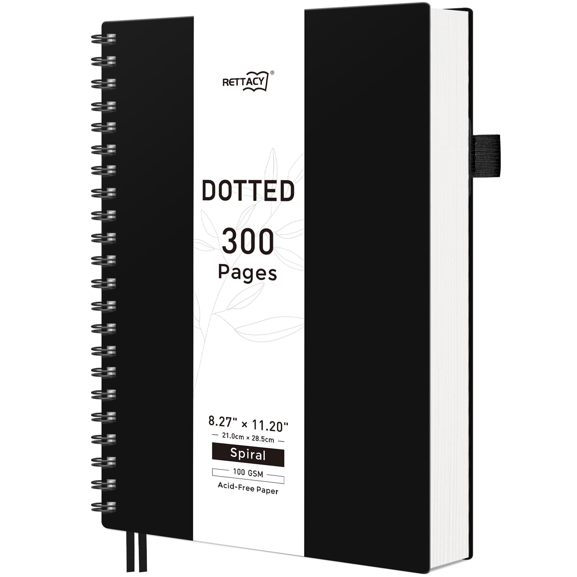 RETTACY Dotted Journal Notebook, 300 Pages, A4 Large Size (21 x 28 cm), 100 GSM Thick Paper, Flexible Plastic Cover, Spiral-bound, for Journaling, Planning, Tracking (Black)