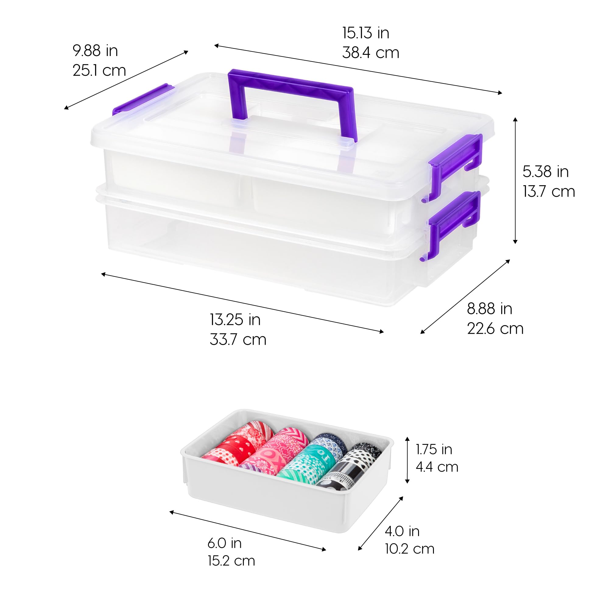 IRIS USA 8.9 L (9.4 US Qt) Large 2-Layer Portable Stack and Carry Storage Bin with Buckle-Up Lid, 4 Removable Dividers, for Arts Crafts Supplies Stationery Medicine Play-Doh Nail Polish, Clear/Violet