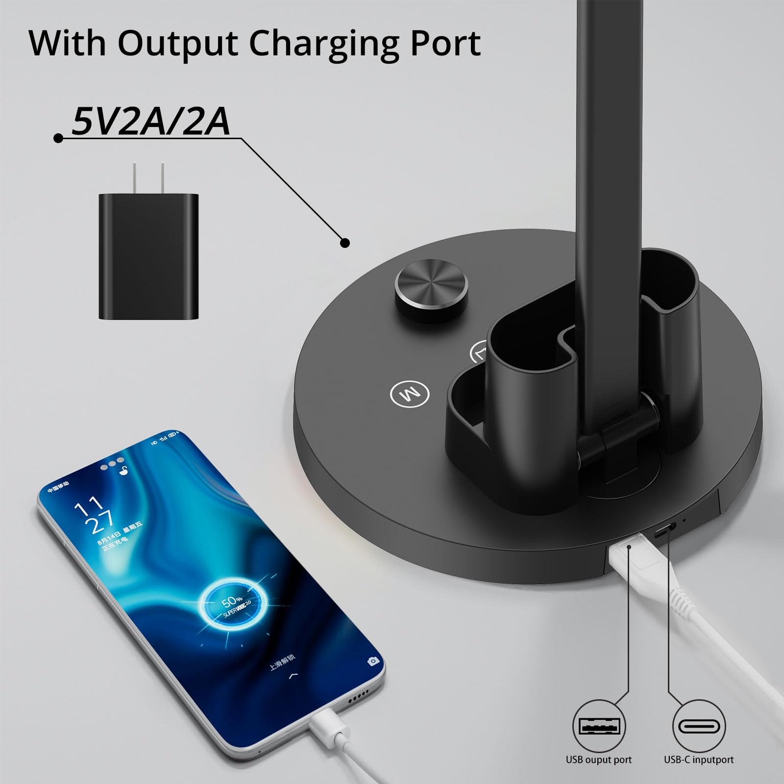 Semlos 10W LED Desk Lamp for Home Office, Touch Control, Adjustable Brightness, 3000K-6500K Color Temp, 45-Min Timer, Reading Mode, Dual-Arm Table Light with Charger & Pen Holder, Black