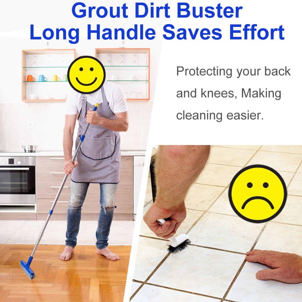 PuriSwiff Grout Cleaner Brush - with 58" Stainless Steel Adjustable Handle, Shower Cleaner Brush FloorScrubber for Grout Lines, Tiles, Corners, and Hard-to-Reach Areas Cleaning Tool