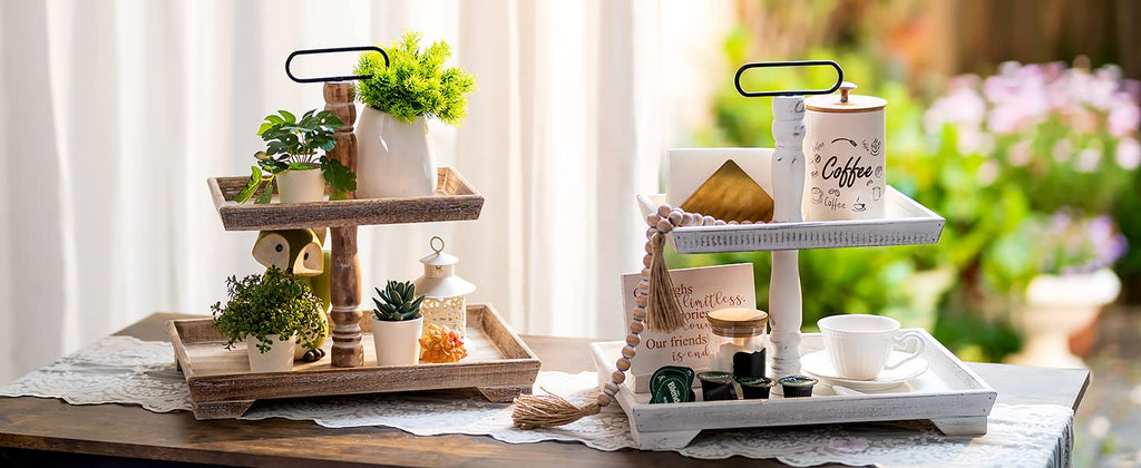Hanobe Farmhouse Tiered Tray Stand: 2 Tier Easter Serving Trays - Coffee Table Decor Two Rectangle Wood for Kitchen Counter