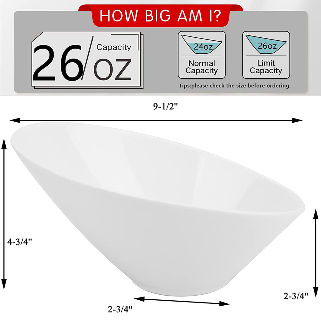 Yesland 2 Pack Porcelain Angled Serving Bowls - 26 oz White Salad Bowls - Ceramic Pasta Bowls for Cereal, Soup, Salad, Rice, Prep