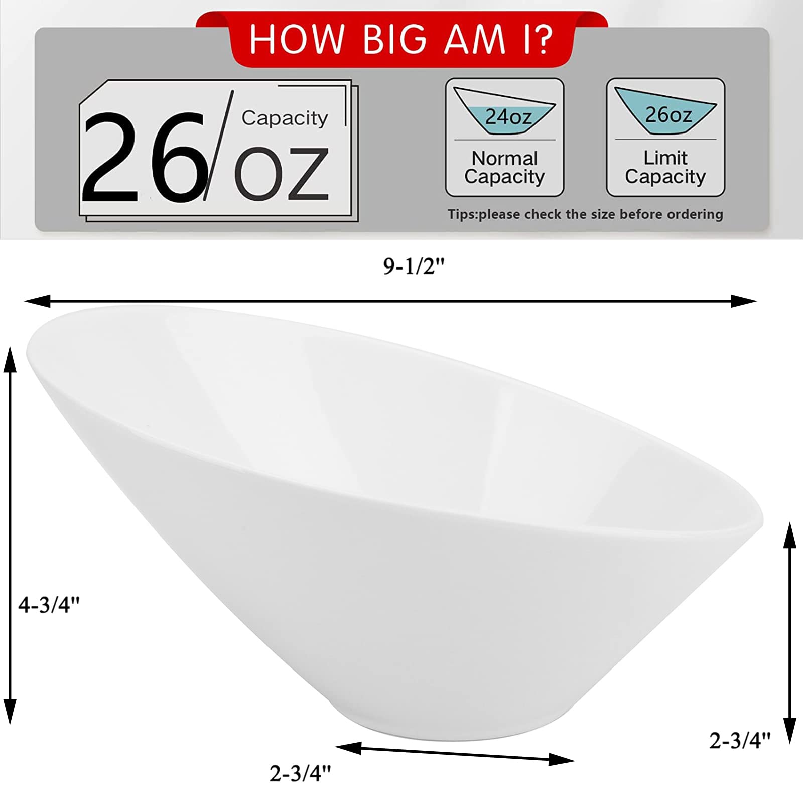 Yesland 2 Pack Porcelain Angled Serving Bowls - 26 oz White Salad Bowls - Ceramic Pasta Bowls for Cereal, Soup, Salad, Rice, Prep