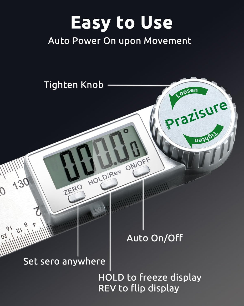 Prazisure Digital Angle Finder, Protractor 200mm, Professional Angle Measuring Tool for Woodworking, Construction and DIY Measurement (Includes 2 Batteries) (Aluminum)