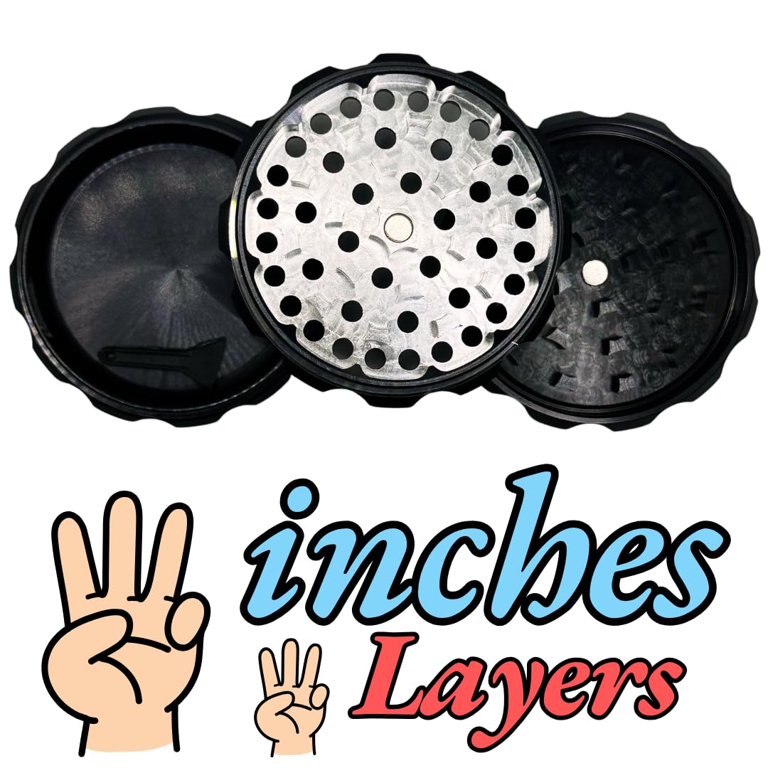 3 Inch herb grinder / 3 layer spice grinder - portable size allows for you to easily grind your herbs at home or on the go. Black Grinder is Aluminum Alloy (Black, 3 Inches) (NO Screen Catcher)