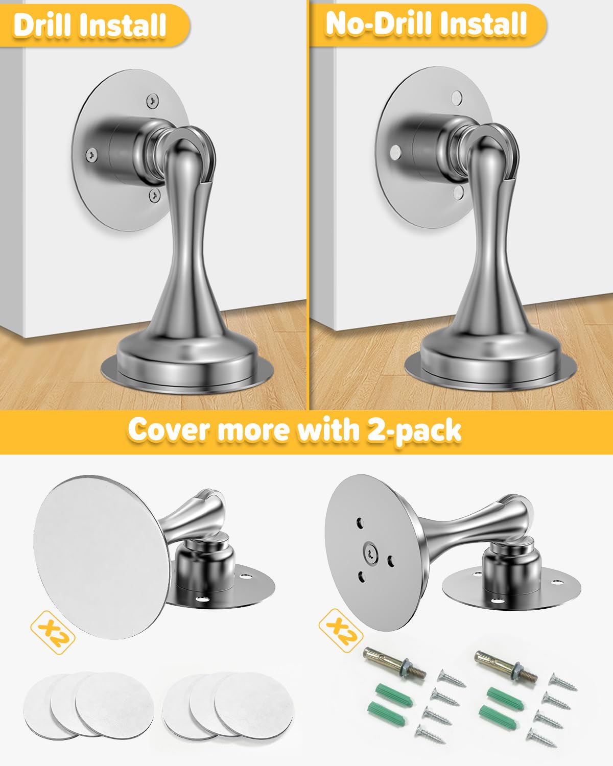 Door Stoppers Magnetic Door Catch - 2 Pack Stainless Steel Heavy Duty Door Holder Stops for Bottom Top of Door - Wall Floor Mounting No Drill Adhesive & Screws Strong Magnet Keep Door Open(Silver)
