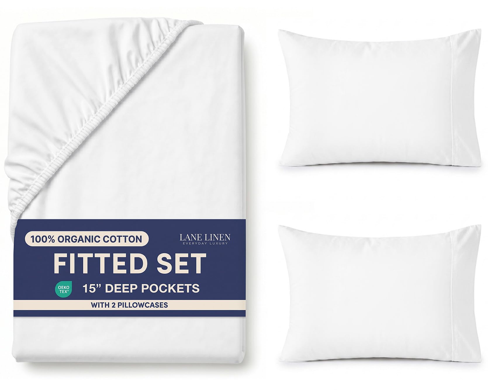 Lane Linen Double Fitted Sheet, 100% Organic Cotton, Percale, Soft and Breathable, 3-Piece Full Size Bottom Sheet with 2 Pillowcases, 15" Deep Pocket & All-Around Elastic - White