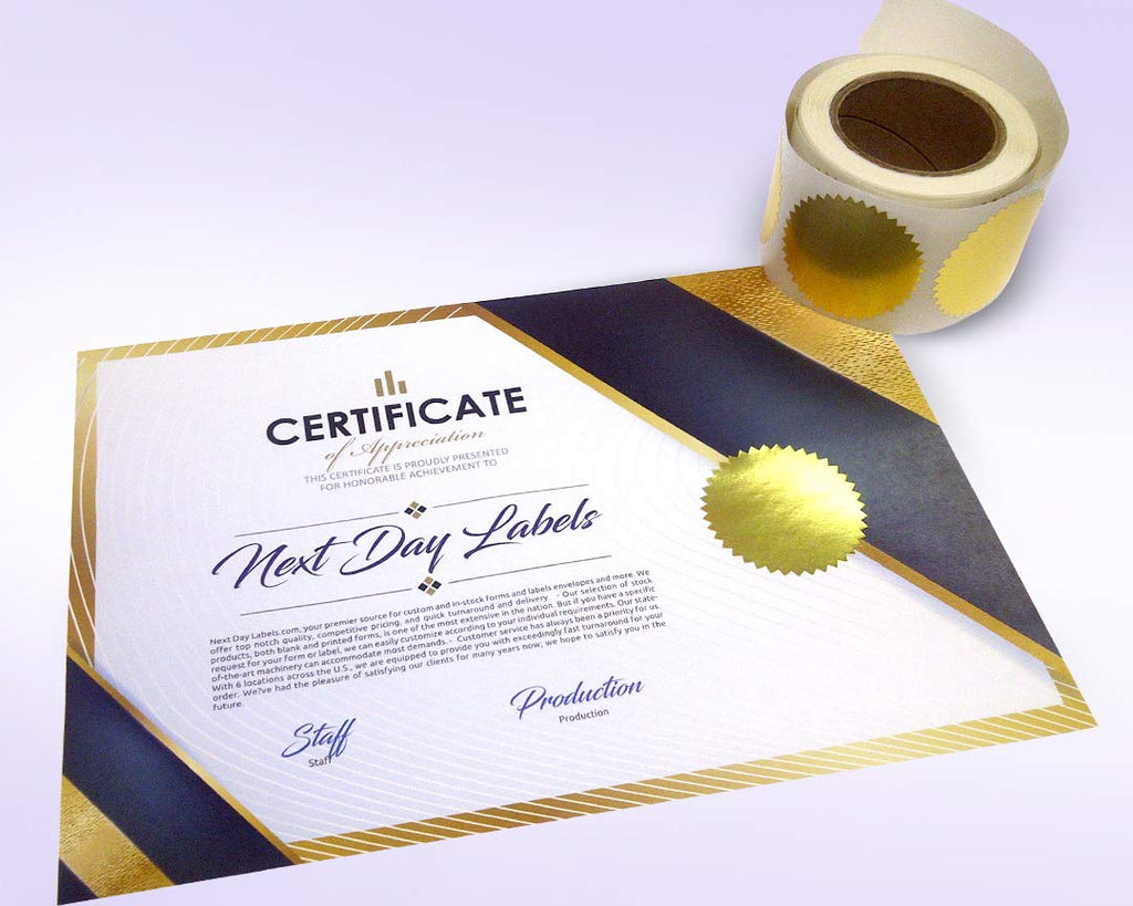 Next Day Labels 2" Round, Gold Metallic Package, Envelope, Certificate Wafer Seals with Serrated Edge. 250 Stickers per Roll