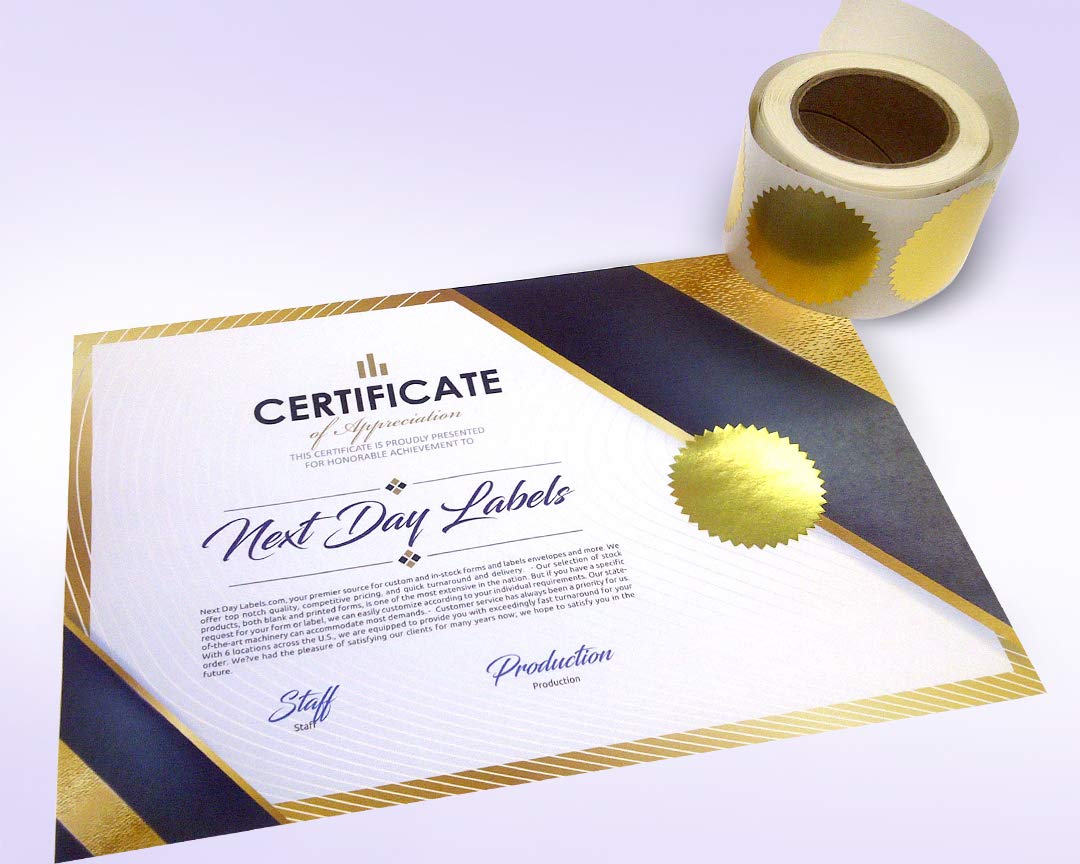 Next Day Labels 2" Round, Gold Metallic Package, Envelope, Certificate Wafer Seals with Serrated Edge. 250 Stickers per Roll