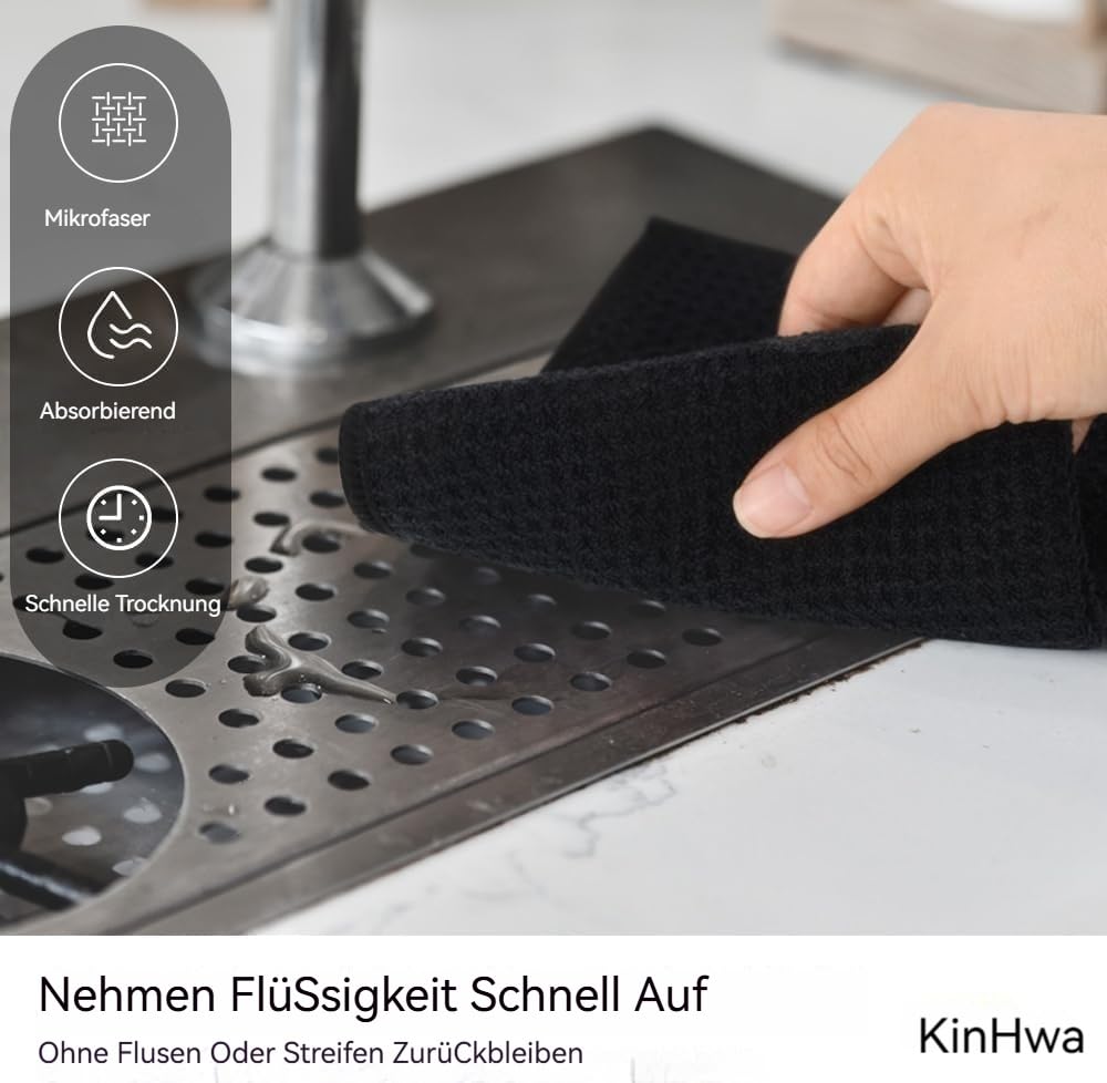 KinHwa Dish Cloths Ultra Absorbent Microfiber Cleaning Cloths Odor Free Waffle Weave Kitchen Dishcloths Rags 12inch x 12inch Blue-Black 6 Pack