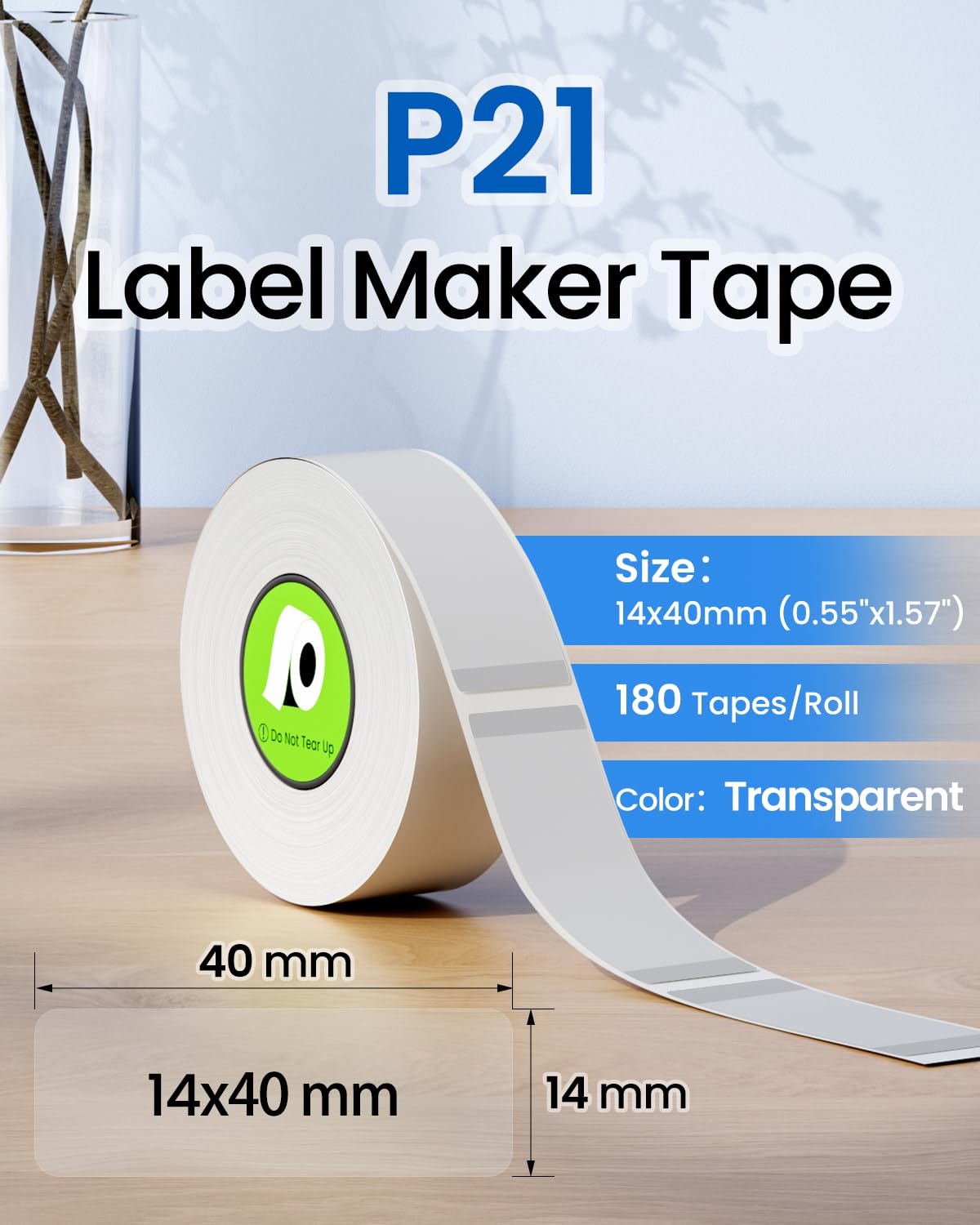 4-Rolls P21 Label Tape Transparent 180 Labels/Roll,14x40mm (0.55"x1.57"),Thermal Label Paper Compatible with Nelko P21 Label Maker, Standard Laminated Thermal Label Tape Replacement, for Home Office
