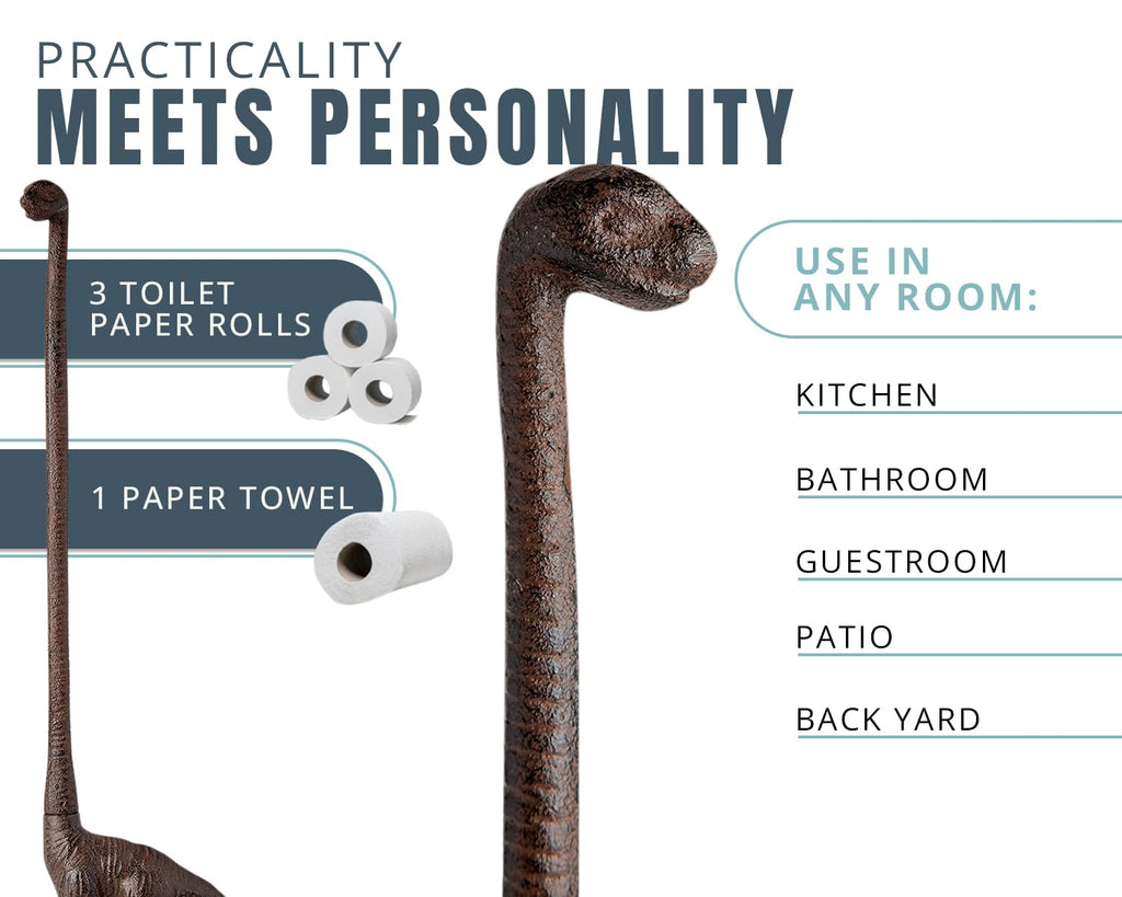 Comfify Cast Iron Dinosaur Paper Towel Holder or Free Standing Toilet Paper Holder - Rustic Brown w/Vintage Finish