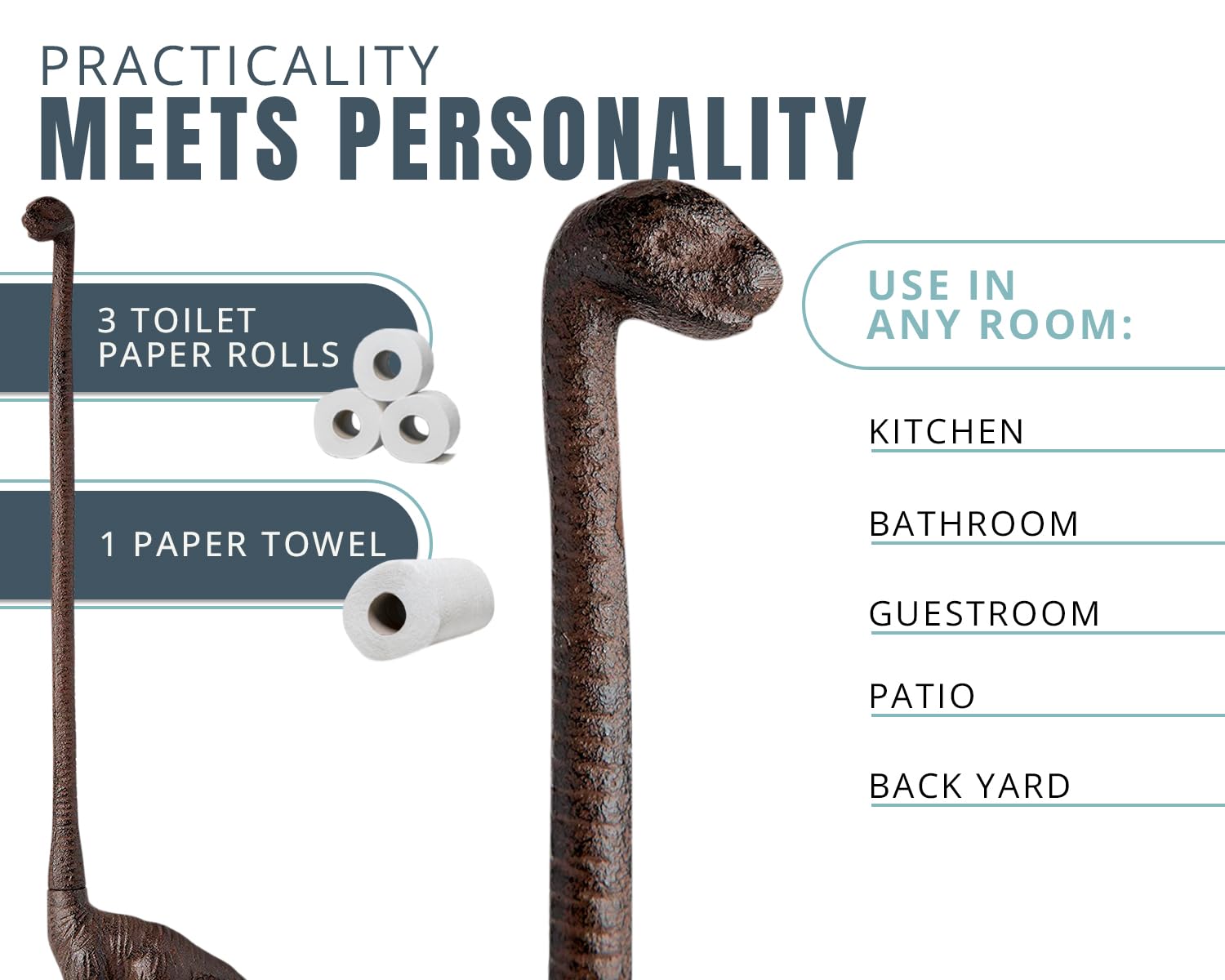 Comfify Cast Iron Dinosaur Paper Towel Holder or Free Standing Toilet Paper Holder - Rustic Brown w/Vintage Finish