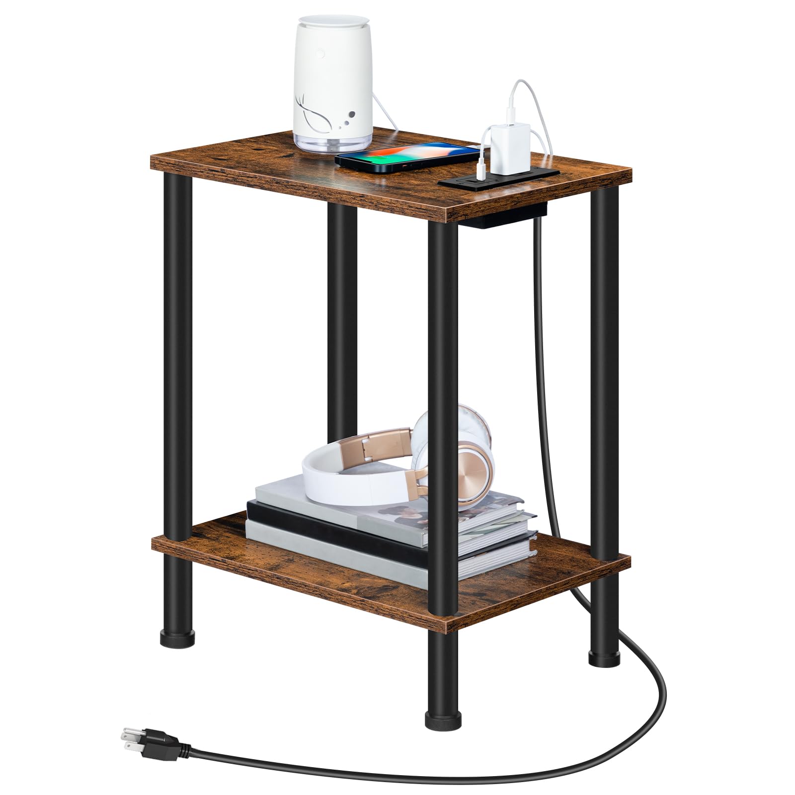 HOOBRO Side Table with Charging Station, End Table with USB Ports and Outlet, Nightstand with 2-Layer Storage Shelves for Small Spaces, Living Room, Bedroom, Stable Frame, Rustic Brown BF09UBZ01