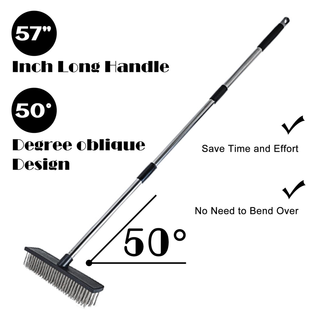 Heavy Duty Wire Push Broom Brush, 15.7" Stainless Steel Bristle Deck Brush with Long Handle for Removing Weeds, Outdoor Broom for Rough Surface Dirt