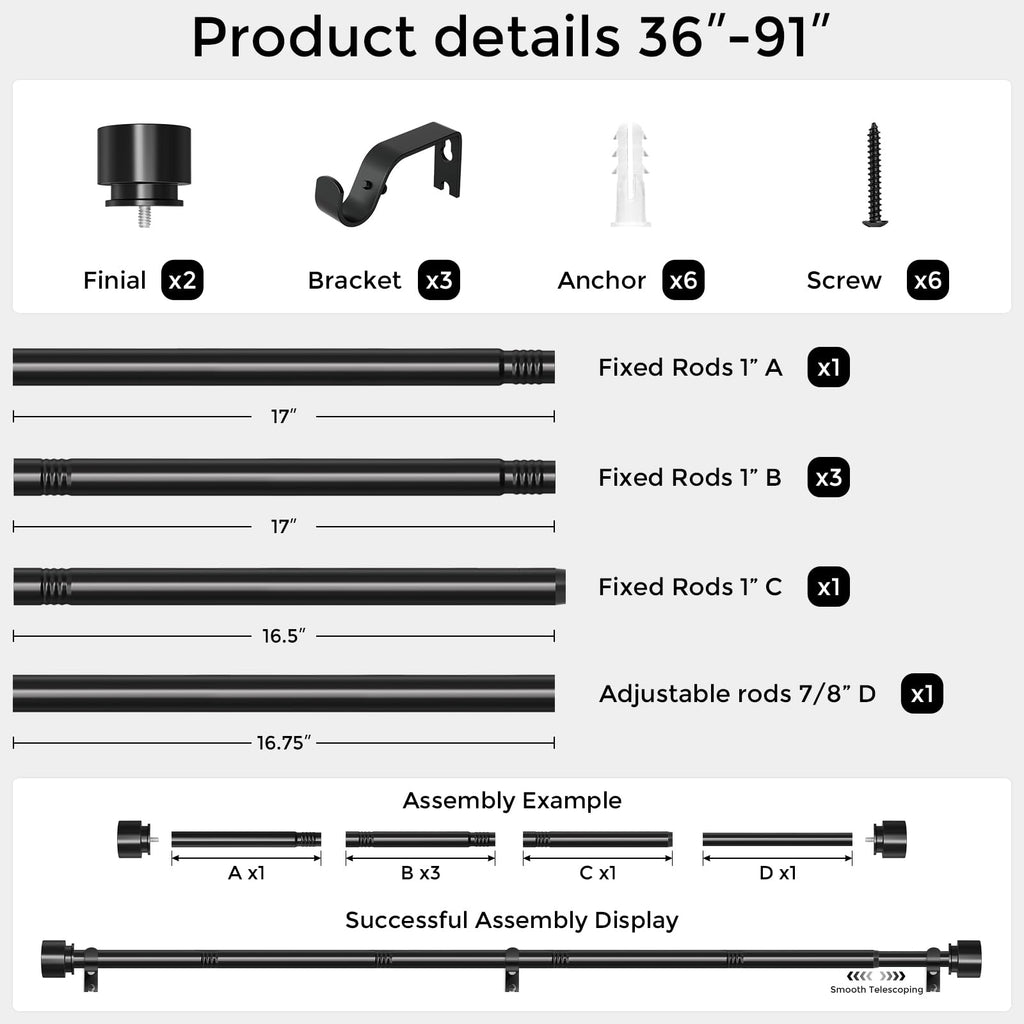 Modern Black Curtain Rods for Windows 48 to 84 Inch, 1" Diameter Adjustable Heavy Duty Window Treatment Rods with Matte Black End Cap Finials, Decorative Drapery Rods, Easy Installation
