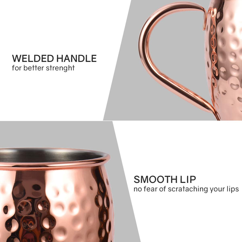 Eligara Moscow Mule Copper Mugs Set of 4, Handcrafted Food Safe Copper Cups for Moscow Mule Cocktail, 16 oz Gift Set with Bonus 1 Shot Glass 4 Straws and 4 Coasters (Classic - Cork Coaster - 4)