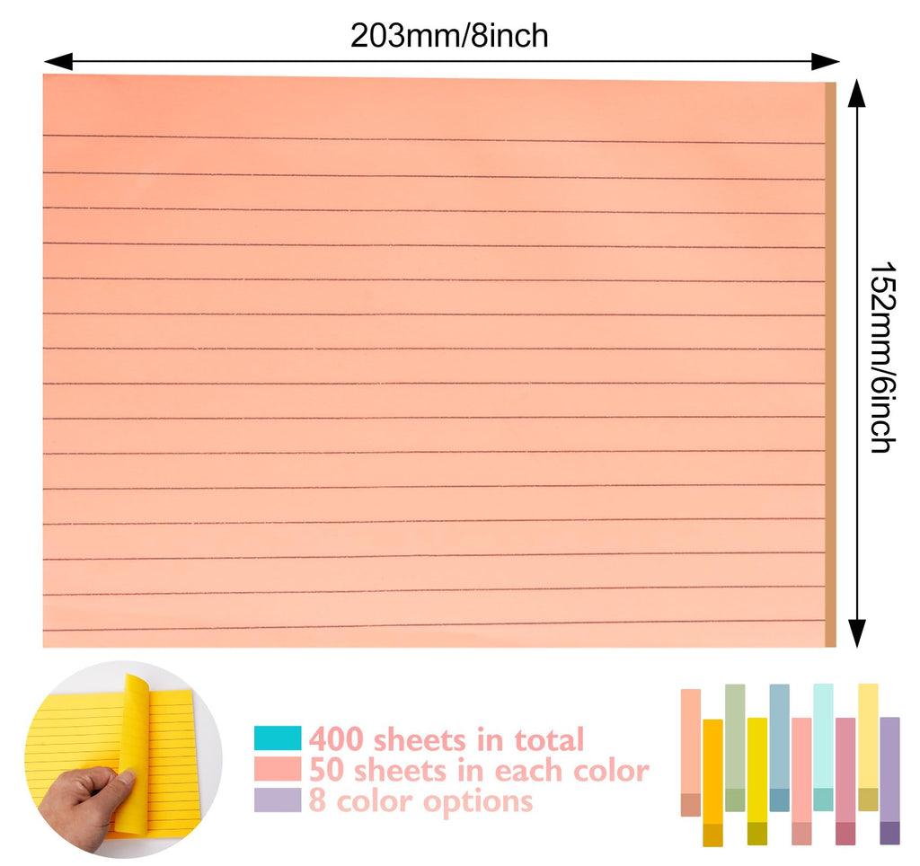 8 Pack Lined Sticky Notes 8x6 in Post,400 Sheets Large Ruled Post Stickies,50 Sheets/pad Bright Self Sticky Super Power Memo Pads Strong Adhesive for Home,Office,School
