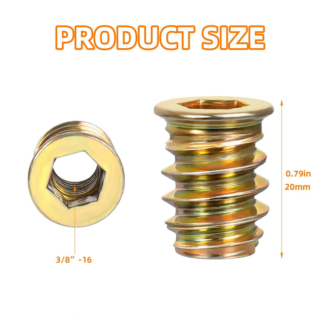 3/8-16 x 20mm Wood Inserts Bolt Furniture Screw in Nut Threaded Fastener Connector Hex Socket Drive for Wood Furniture, 25 PCS