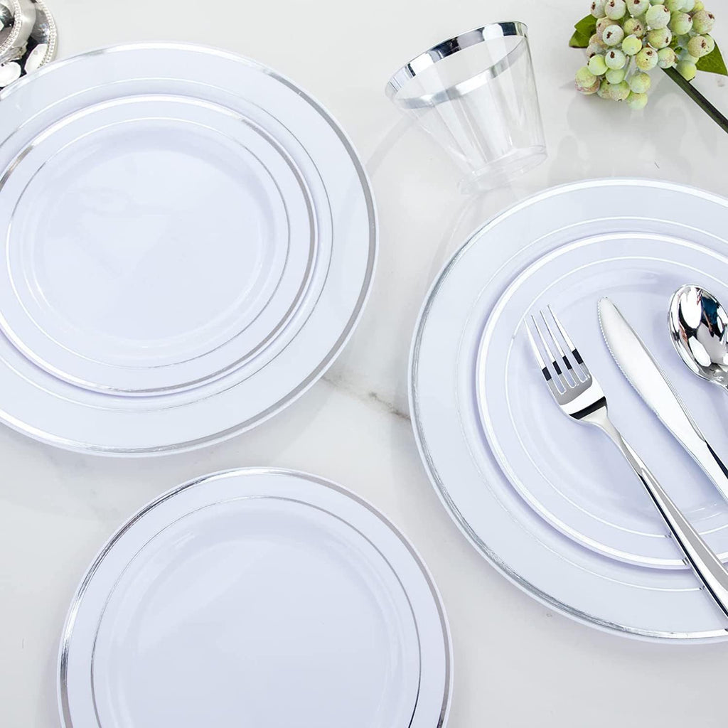 60Pcs Plastic Party Plates White Silver Rim, 30 Premium Heavy Duty 10.25 Inch Dinner Plates and 30 Disposable 7.5 Inch Dessert Appetizer Elegant Fancy Heavy Duty Wedding Plates