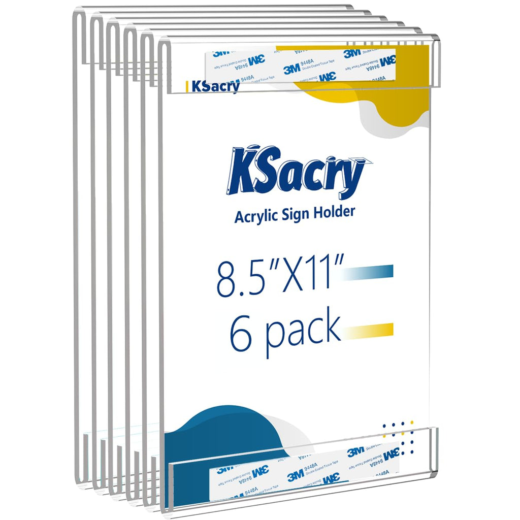 KSacry 6 Pcs Acrylic Sign Holder 8.5 x 11, Vertical Wall Mount Sign Holders with 3M Adhesive, Clear Plastic Frames Paper Display Sign Holders for Office, Home, Store, Restaurant - No Drilling