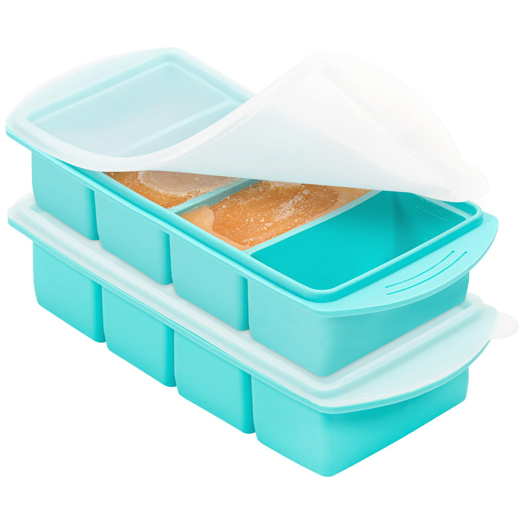 Soup Freezer Container, 2 Packs Silicone Freezer Mould with Lid, Large Ice Cube Tray, 4-Compartment Meal Prep Food Soup Storage Containers, Blue (4-Compartment-2Pc)