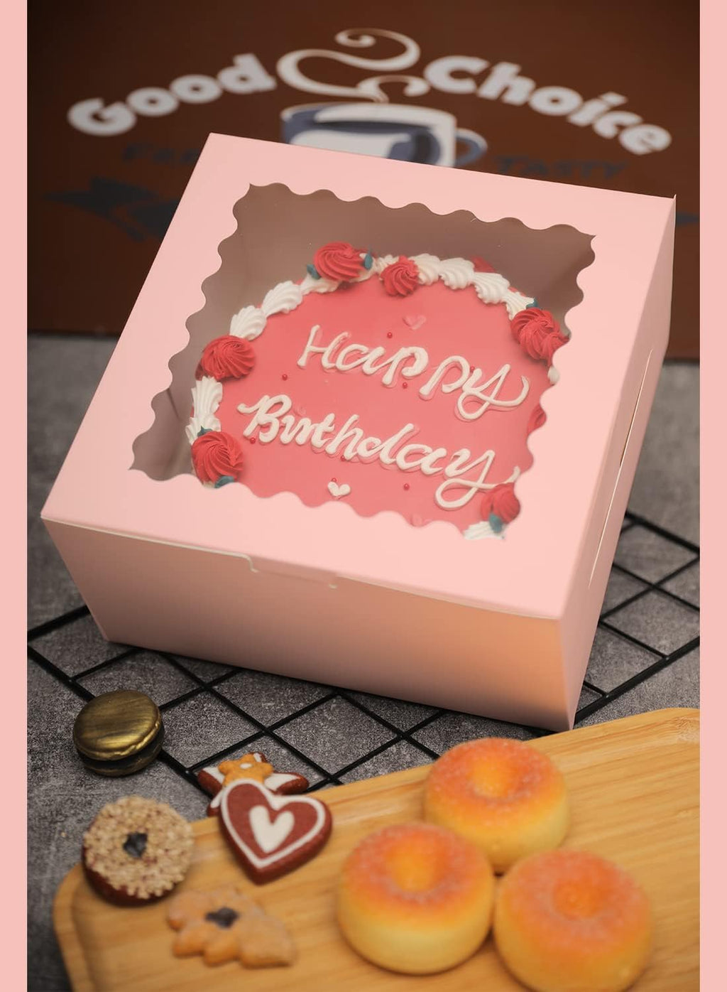 qiqee 8x8x5 Cake Box, 18 Sets Pink Cake Box with Window ＆ 18 Sets 8" Pink Cake Round Boards, 8inch Cake Containers