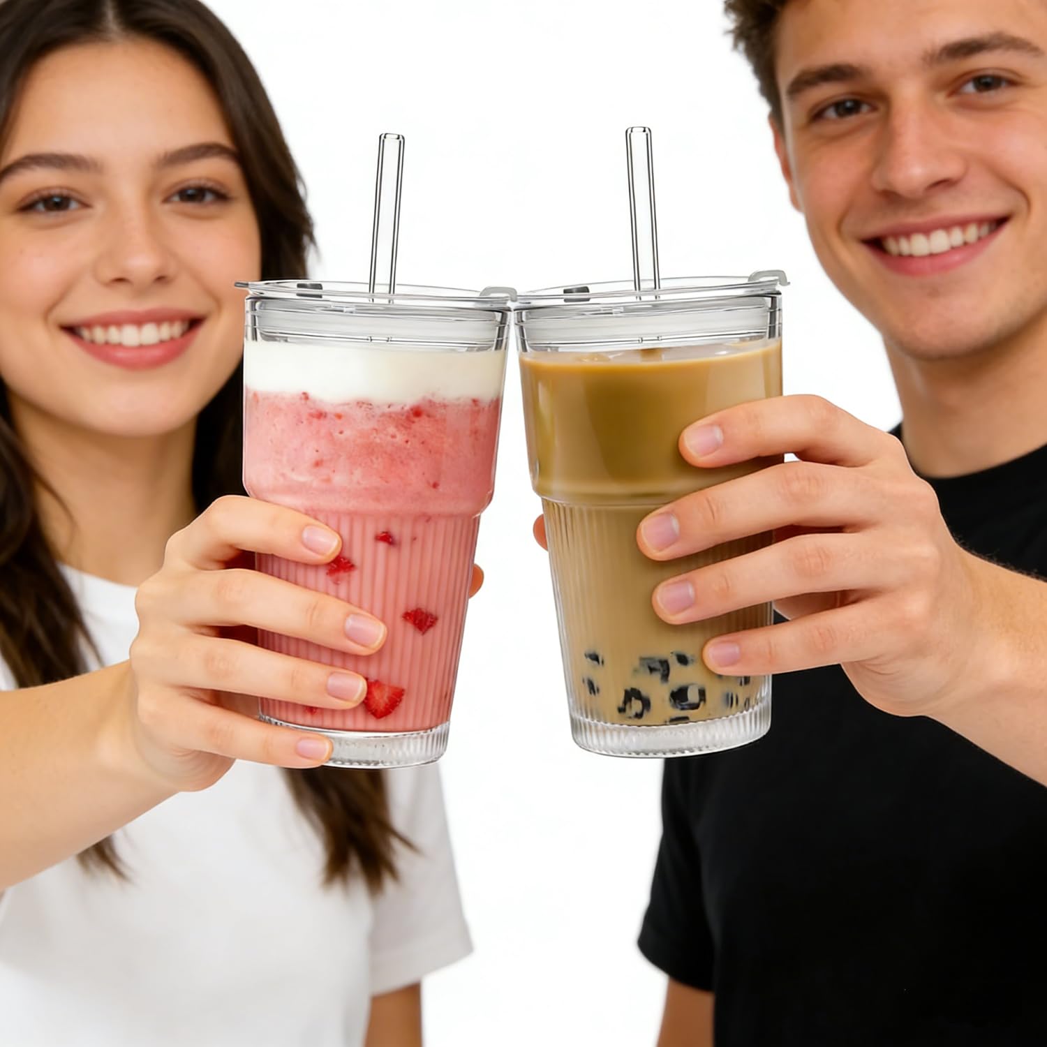 ALINK 4 Pack 16 oz Ribbed Glass Tumblers with Lids and Straws Glassware Cups Set, Thickened Glass, Ideal for Iced Coffee, Smoothies, Cocktails,Juices
